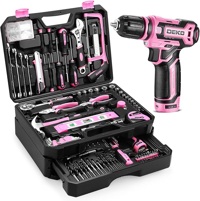 Pink Tool Kit Box Drill Set竊숧EKOPRO Home Mechanic Toolbox with 12V Power Cordless Drill Hand Repair Tools Sets Combo Kits Storage Organizer Drawer Case for Men & Women