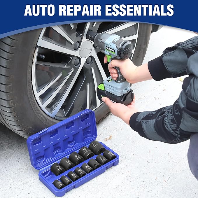 WORKPRO 1/2??Drive Shallow Impact Socket Set, SAE Cr-V Steel 6-Point Socket Set with Storage Case for Automotive Maintenance and Repairs (14PCS 3/8??1-1/4")