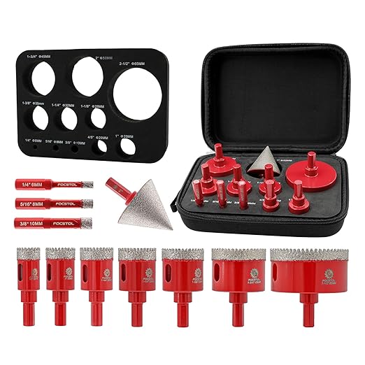 Diamond Core Drill Bit Set - FOCSTOL 11pcs (6/8/10/20/25/28/32/35/45/65mm+50mm Beveling Chamfer Bit) Hole Saw Kit for Porcelain Ceramic Tile Marble Granite with Triangle Shank