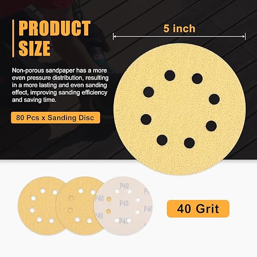 80 Pack 5 Inch Sanding Disc 40 Grit 8 Hole Round Hook and Loop Sandpapers Fit for Orbital Sander Automotive or Cars Repairing, Grinding or Polishing, Yellow