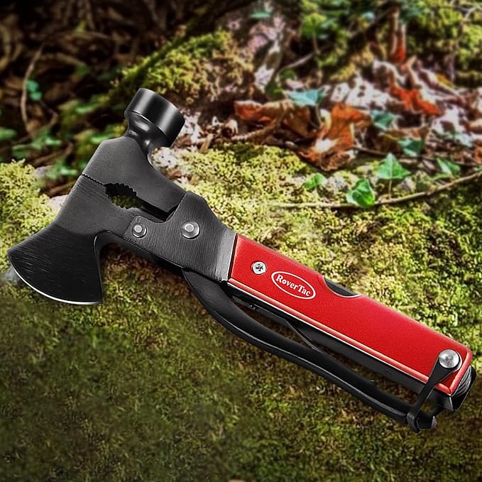 RoverTac 14-in-1 Multitool Camping Axe Hatchet ??Essential Camping Gear with Knife, Hammer, Saw, Bottle Opener, Screwdriver ??Multi Tool with Sheath ??Gifts for Men, Dad, and Outdoor Adventures