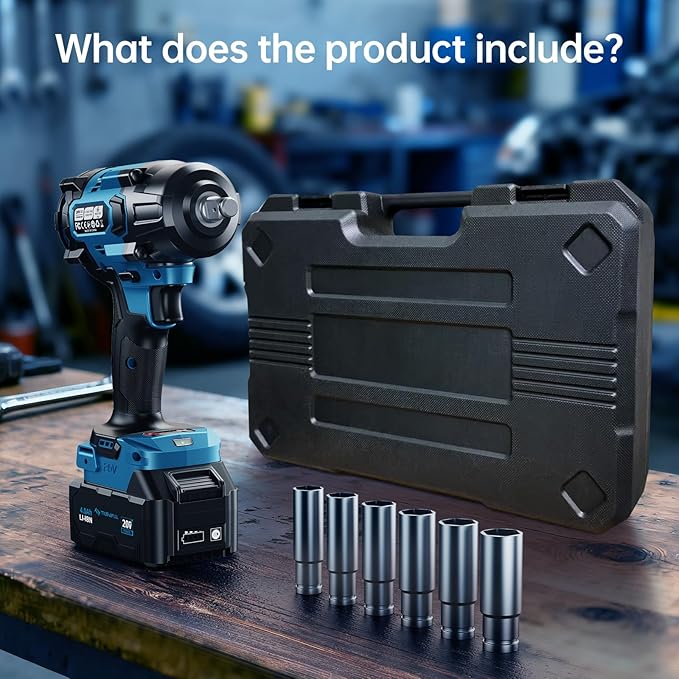 Tilswall Impact Wrench 1/2 Impact Gun,2500RPM,3-Speed Torque Settings (380/600/900N.m),20V Electric Cordless Impact Wrench Driver,3/8" Adapter,4Ah Battery & 2.0Ah Fast Charger for Home Car Truck Tools