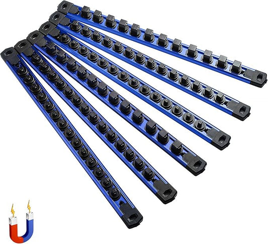 ALOANES 6-Piece Magnetic Rail Organizer, Heavy Duty Aluminum Rails, 360 Swivel Clips Socket Holder Kit for Tool Box, 1/2, 3/8, 1/4-Inch Socket Holder x 80 Clips (Blue)