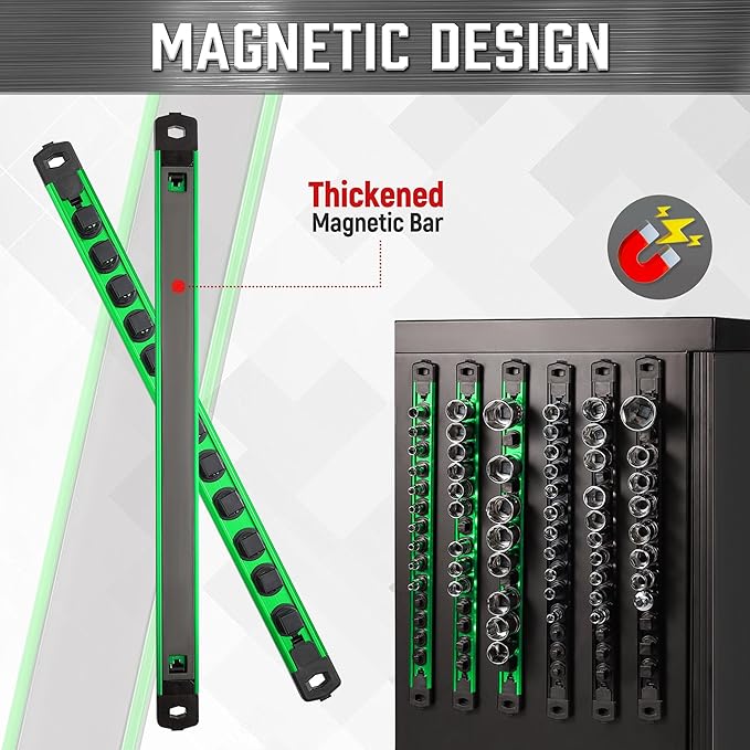 ALOANES 1/2-Inch Drive Magnetic Socket Organizer, Heavy Duty Aluminum Socket Rail Organizer, 360째 Swivel Clips Socket Holder Kit for Tool Box, 1/2-Inch Socket Holder x 12 Clips (Green)
