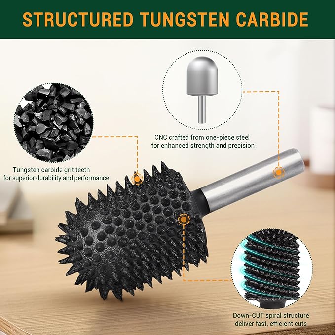 Extreme Coarse Ball Nose Rotary Burr, 1??" Shaft, Wood Rasp Bit for Drill-Bosch,Foredom, DeWalt, Milwaukee Tools- Abrasive Tungsten Carbide