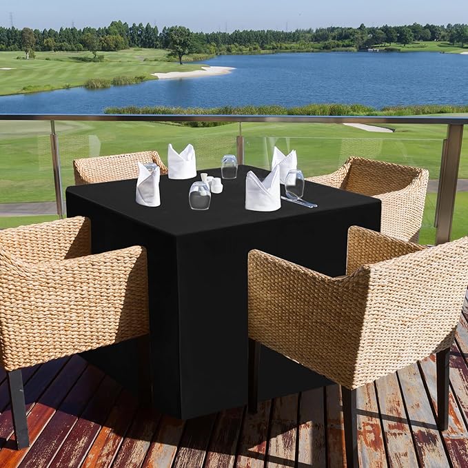 HolidayIdeas 2 Pack Square Fitted Table Covers - 34 x 34 Inch - Fabric Table Clothes Versatile Tablevloths for Parties, Holiday Dinner, Trade Show, Vendor Stand (Black)