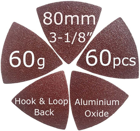 XXGO 3-1/8" 80mm 60 Pcs 60 Grits Triangular Hook & Loop Abrasive Multi Tool Sandpaper for Wood Sanding Fit 3-1/8 Inch Oscillating Multi Tool Sanding Pads XG802060