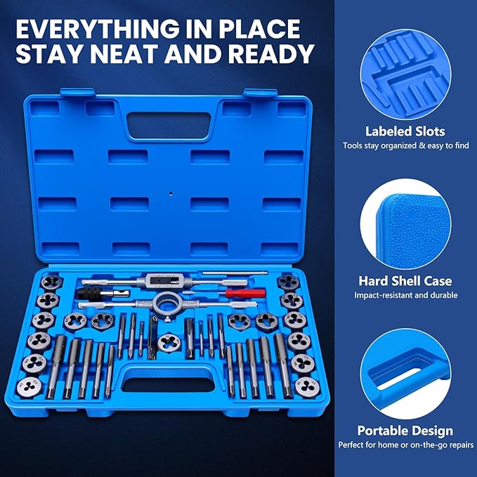 80 PCS Tap and Die Set SAE and Metric, Standard and Metric Threading Tool Kit for Internal and External Threads, Tap & Die Sets with Wrenches for Automotive, DIY, and Metal Repair
