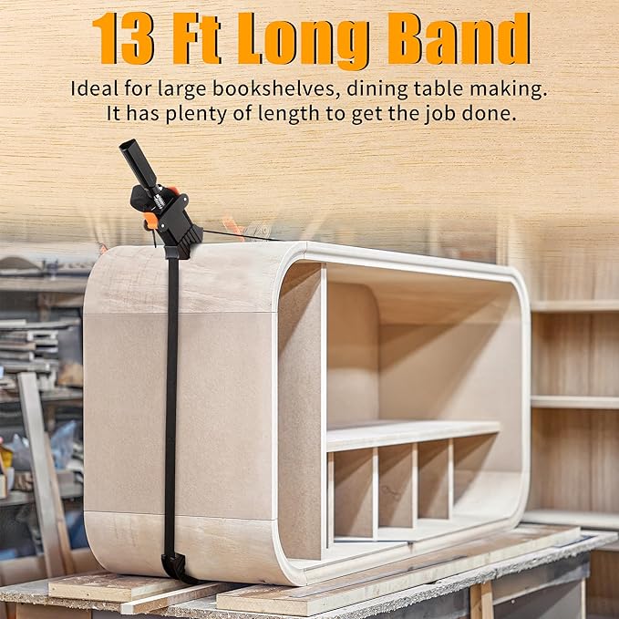 Feekoon 1 Pack 13 FT Belt Band Strap Clamps for Woodworking, Quick Release Band Clamps with 4 Corner Claws, Thick and Sturdy Belt Clamp, Adjustable Picture Frame Clamp Tool