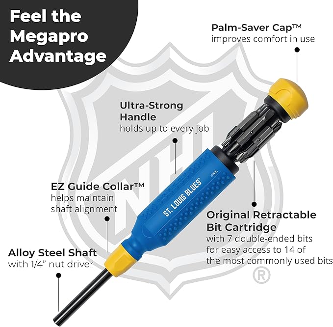 MEGAPRO짰 NHL짰 Team Edition Multi-bit Screwdriver | Officially Licensed NHL짰 Gear | Durable, Ergonomic, Pro-Grade Screwdriver (St. Louis Blues짰)