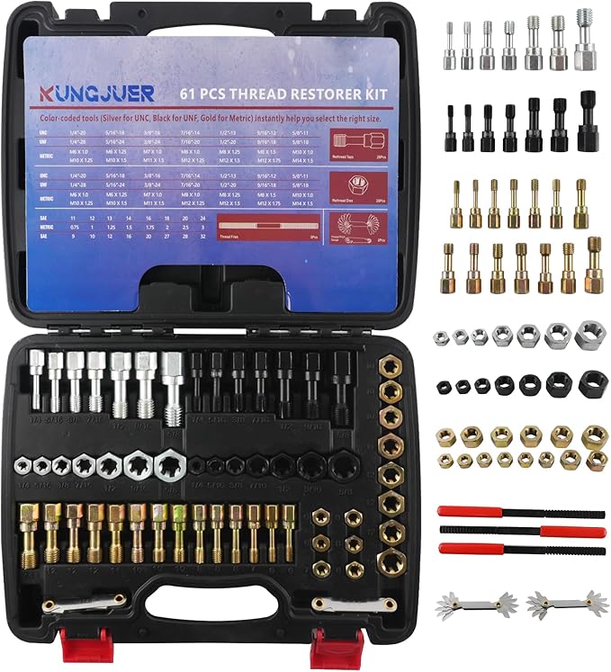 61PCS Master Thread Rethreading Kit，Thread Restorer Tool UNC, UNF & Metric Thread Chaser Set with Thread Pitch Gauge, Designed to Repair or Reshape Damaged Threads on Bolts, Screws, or Nuts