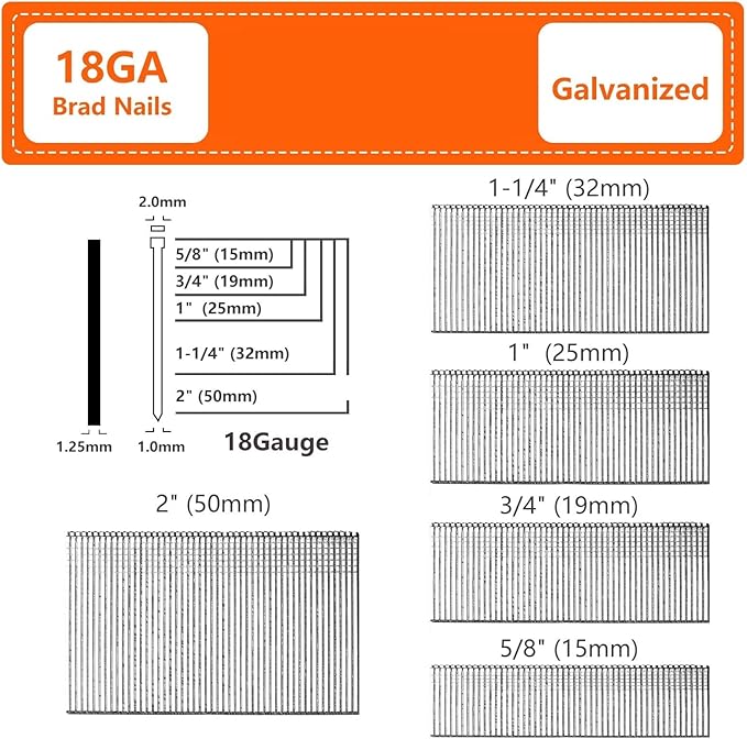 18 Gauge Galvanized Brad Nails, Brown T-head 5/8 Inch 2000-Pack, Small Finishing Nail Gun Nails for Pneumatic, Electric 18GA Brad Nailer Gun