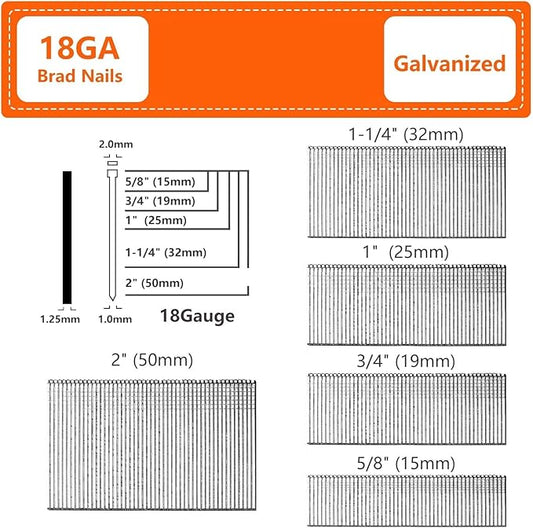 18 Gauge Galvanized Brad Nails, Brown T-head 1-1/4 Inch 2000-Pack, Small Finishing Nail Gun Nails for Pneumatic, Electric 18GA Brad Nailer Gun