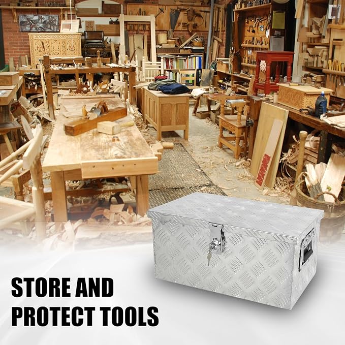 confote 20" Heavy Duty Aluminum Stripes Plated Tool Box Pick Up Truck Bed RV Trailer Toolbox Waterproof Square Storage Organizer with Side Handle, Lock with Keys -20"x 13"x 10"竊똕ilver