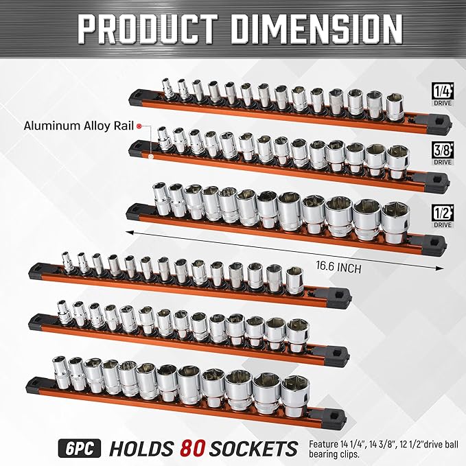 ALOANES 6-Piece Magnetic Socket Organizer, Heavy Duty Aluminum Socket Rails Organizer, 360째 Swivel Clips Socket Holder Kit for Tool Box, 1/2, 3/8, 1/4-Inch Socket Holder x 80 Clips (Orange)