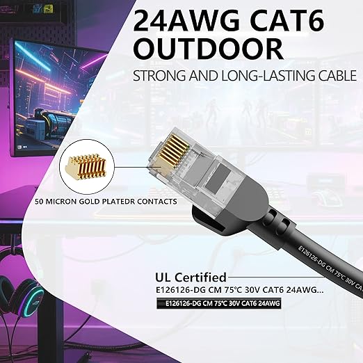 Jadaol Cat 6 Ethernet Cable 60ft, Outdoor&Indoor, 10Gbps Support Cat8/7 Network, 24AWG Pure Copper Patch LAN Cord, Direct Burial Waterproof In-Ground UV Resistant for Router, Modem, Switch, POE, Black
