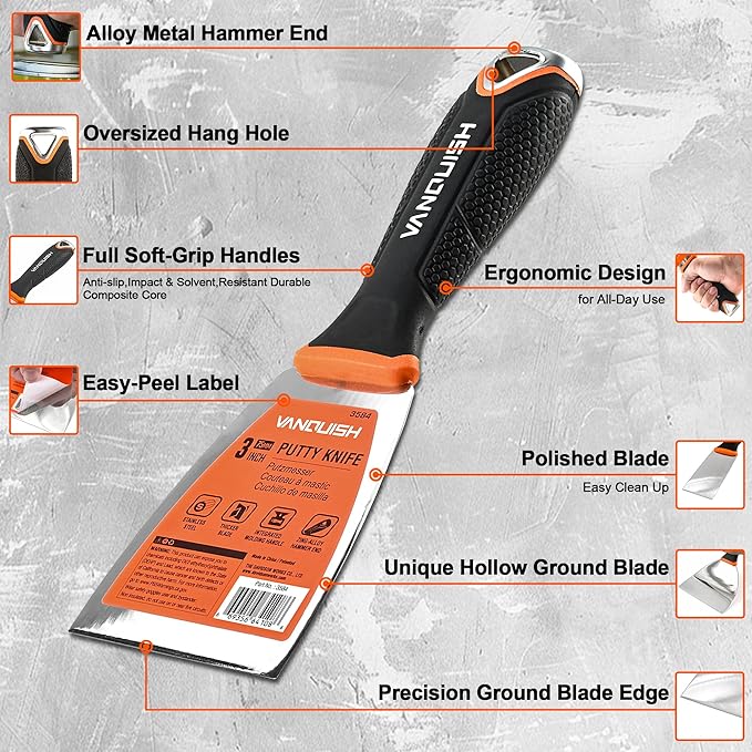 VANQUISH Stainless Steel Putty Knife, 3 Inch Paint Scraper with Soft Grip Handle and Metal Hammer End for Drywall Spackle, Taping, Scraping Paint 3584