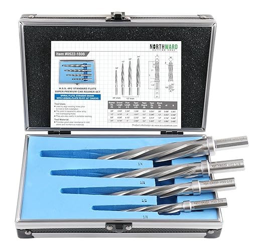 Accusize Industrial Tools 4 Pc H.S.S. Standard Spiral Flute Super Premium Car Reamer Set, 3/8", 1/2", 5/8", 3/4", to Fit 3/8'' or 1/2'' Shank Chuck, 0522-1808