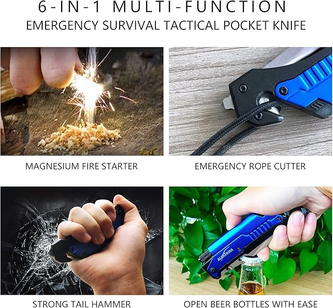 ALBATROSS Best 6-in-1 Survival Tactical Military Folding Pocket Knives with LED Light,Seatbelt Cutter,Glass Breaker,Magnesium Fire Starter,Bottle Opener;Multi-Function Emergency Tool(Blue-SA)