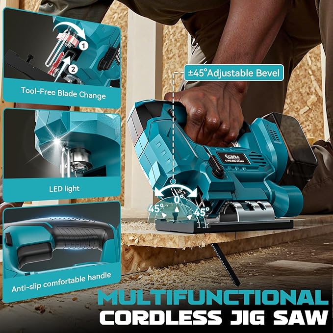 Ecarke Cordless Jig Saw Compatible With Makita 18V Battery (Only Tool), 4 Orbital Sets, 6 Variable Speeds Control, Dust-Blowing, ±45° Bevel Cuts, LED Light and 6PCS Blades For Cutting