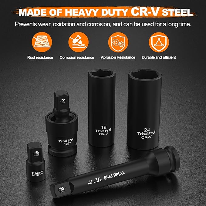 Impact Socket Wrench Set 1/2" Drive - Trivd Frol 65pcs Impact Socket Set Metric and Standard Full, Metric Socket Set 8-24mm & SAE Socket Set 3/8"-1-1/4", Shallow & Deep Socket Set, Extensions, Adapter