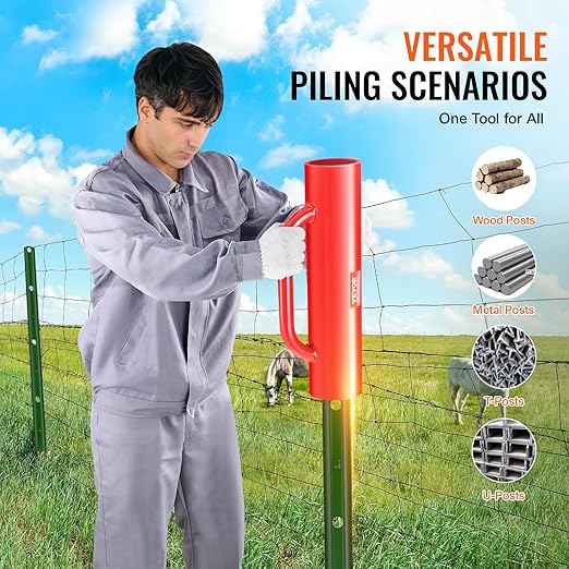 VEVOR Fence Post Driver with Handles, 2.7 in Inner Diameter T Post Pole Pounder, 14LB Heavy Duty Carbon Steel Hand Post Rammer, Farm Fencing Hole Digger for U Channel, Sign Pole, Wooden Post, Red
