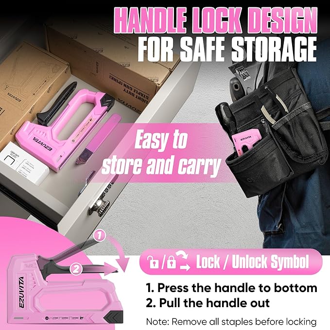 EZUVITA Light Duty Staple Gun for Wood, Pink Upholstery Staple Gun Kit with 2000pcs JT21 Staples 1/4, 5/16, 3/8 inch and Staple Remover, Stapler Gun for Crafts, DIY, Classroom, Decoration