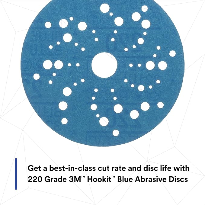 Hookit 3M Blue Abrasive Disc Multi-Hole, 36162, 5 in, 220 Grade, 50 Discs per Carton