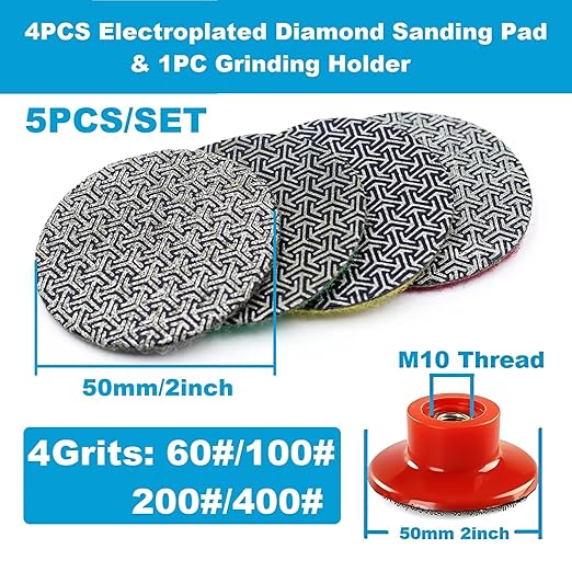 2inch 50mm Electroplated Diamond Sanding Pad, 60/100/200/4000Grit Grinding Sandpaper Pad & M10 Thread Hook and Loop Backing Holder for Detail Fine Buffing Polishing Trimming (5Pcs/Set)