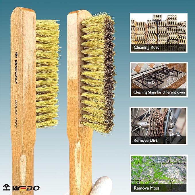 WEDO Wire Brush Set,2pcs 11" Brass Scratch Brush Set for Paint Removal,Cleaning Rust,Welding Slag,Grill Cleaning,Brass Bristle With Wooden Handle