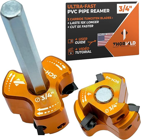 THORVALD PVC Pipe Reamer TriForce - with Tungsten Carbide Blades - Video Tutorial + User Guide - 3 Blades PVC Fitting Saver for Plumbing - Tool Size: 3/4″