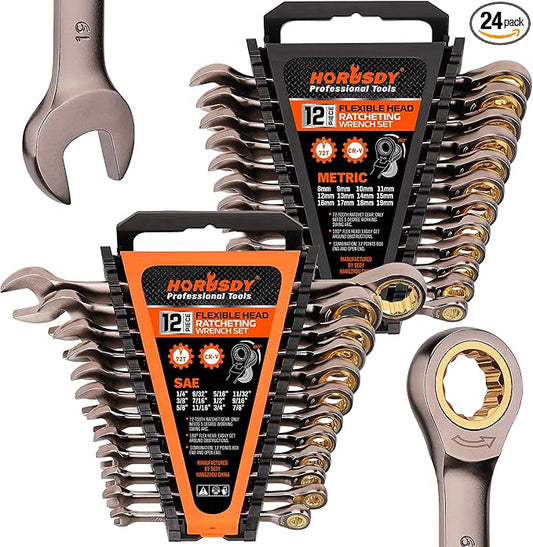 HORUSDY 24-Piece Ratcheting Wrench Set | Metric and SAE | Ratchet Combination Wrenches Set with Organizer | 72-Teeth | Chrome Vanadium Steel | 8-19 mm & 1/4” to 7/8“