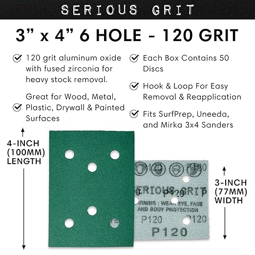 Serious Grit - 3" x 4" 6-Hole 120 Grit Sanding Sheets - Fits Surfprep, Uneeda Ekasand, Mirka DEOS 343 - Heavy-Duty Hook & Loop Film Abrasive Pads - Sandpaper for 3x4 Sheet Sanders - 50 Pack Box