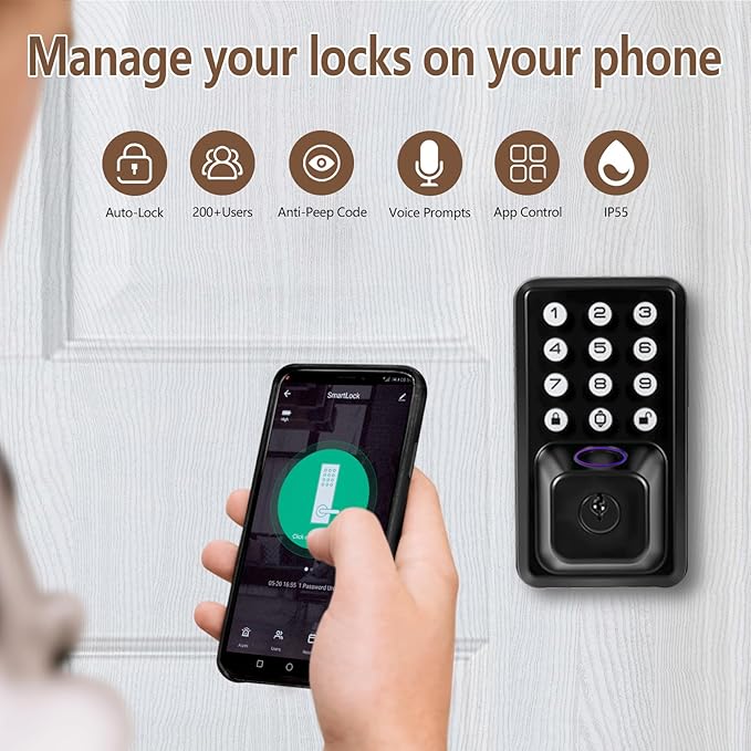 Smart Fingerprint Door Lock with Keypad, Keyless Entry Door Lock Deadbolt with Remote App Control, Voice Prompt, Auto Lock, 500+ User Capacity, IP55 Waterproof, Easy Installation, Type-C Port Charging
