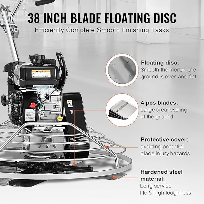VEVOR Power Trowel, 38??Walk-Behind Cement Trowel with Float Pan, 6HP Gas-Powered Smooth Concrete Surface Finisher, Heavy Duty Commercial Screed Concrete Cement with Finishing Blade, Orange