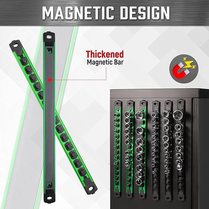 ALOANES 6-Piece Magnetic Socket Organizer, Heavy Duty Aluminum Socket Rails Organizer, 360째 Swivel Clips Socket Holder Kit for Tool Box, 1/2, 3/8, 1/4-Inch Socket Holder x 80 Clips (Green&Black)