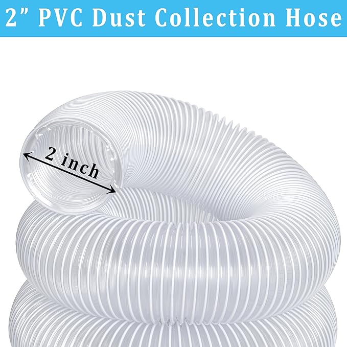 Dust Collection hose 2 in 횞 20 ft Clear Flexible PVC Fume Hose with Carbon Steel Wire for Dust Collector Table Saw Planer Woodworking, Lightweight and Puncture Resistant, with 4 Clamps