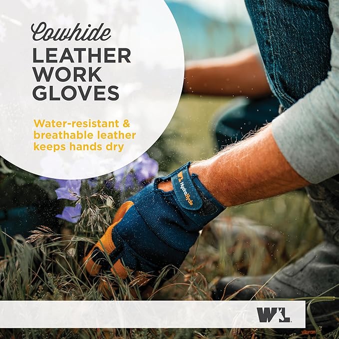 Wells Lamont Men's Leather Palm Work Gloves ??HydraHyde Water-Resistant Leather, Flexible Spandex Back, Adjustable Closure ??Ideal for Construction, Landscaping, DIY Projects ??Blue, Medium (3207M)