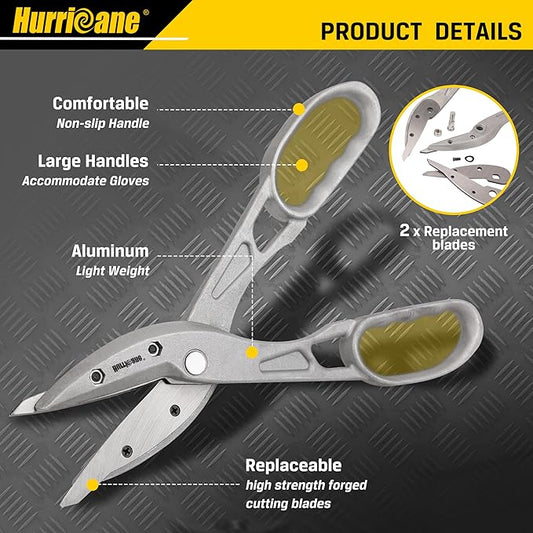 HURRICANE 12 Inch Aluminum Tin Snips with Replaceable Blades. Straight Cut Metal Shears for HVAC, Sheet Metal & Vinyl Siding. Lightweight Aluminum Metal Cutter with Large Glove-Friendly Handles