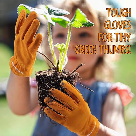 HANDLANDY Kids Genuine Leather Work Gloves for ages 3-11, Children Gardening Gloves for Boys, Girls (Medium (for age 5-7), Orange)
