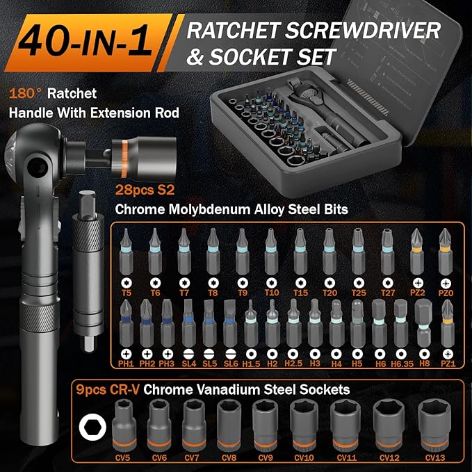 BoxedHome 40 in 1 Magnetic Ratchet Screwdriver Set, Multi Bit Screwdriver Kit with 180째 Adjustable Handle, S2 Bits and CR-V Socket Sets, Portable Tools for Computer, Electronics, Bike and Home Repair
