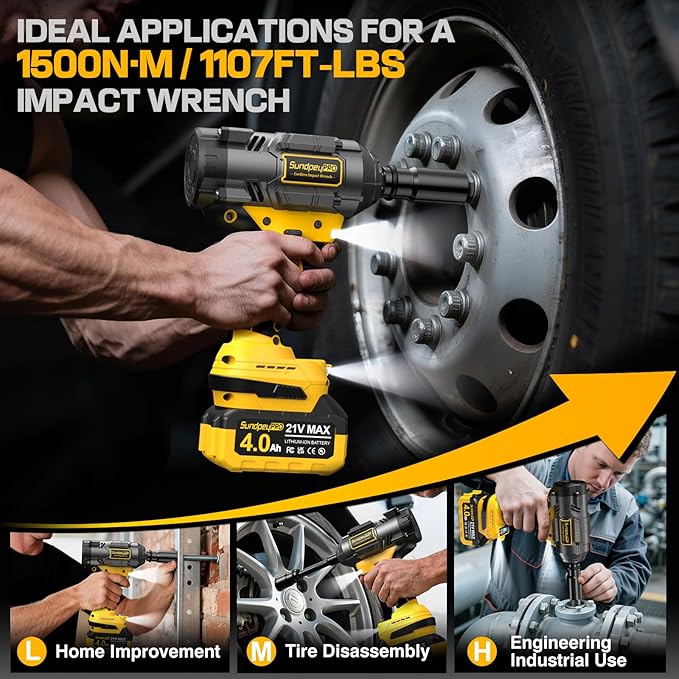 1/2" Cordless Impact Wrench - 1107Ft-lbs竊?500N쨌m竊?1V 3 Speed High Torque Brushless Impact Gun with 2 x 4.0Ah Batteries & Charger & 6 Sockets & 5" extension bar for Tire Removal Rusted Bolts