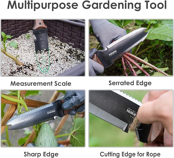 PERWIN Hori Hori Garden Knife, Garden Tools with Sheath for Weeding, Planting, Digging, 7" Stainless Steel Blade with Cutting Edge, Full-Tang Walnut Wood Handle with Hanging Hole