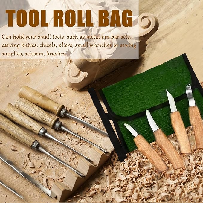 BLIRITEL Small Canvas Tool Roll Up Bag - Chisel Organizer With 4 Pockets for Metal Pry Bar, Plier, Wrench - Pouch for Mechanic, Carpenter, Craftsman