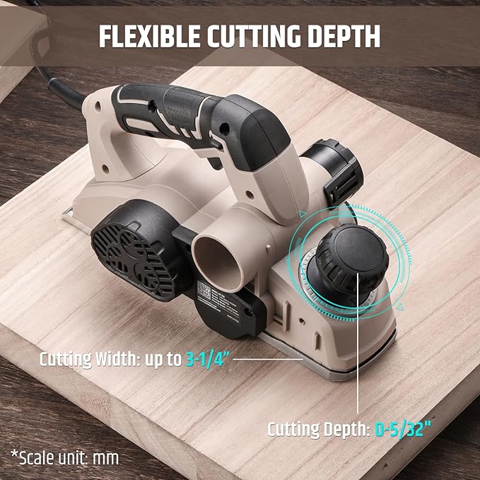 Corded Electric Hand Planer, 7.7 AMP 15000 RPM Power Wood Planer with Edge Guide and Dust Bag, 3-1/4 Inch Planing Width, for Wood Chamfer DIY, Smooth Finish Carpentry