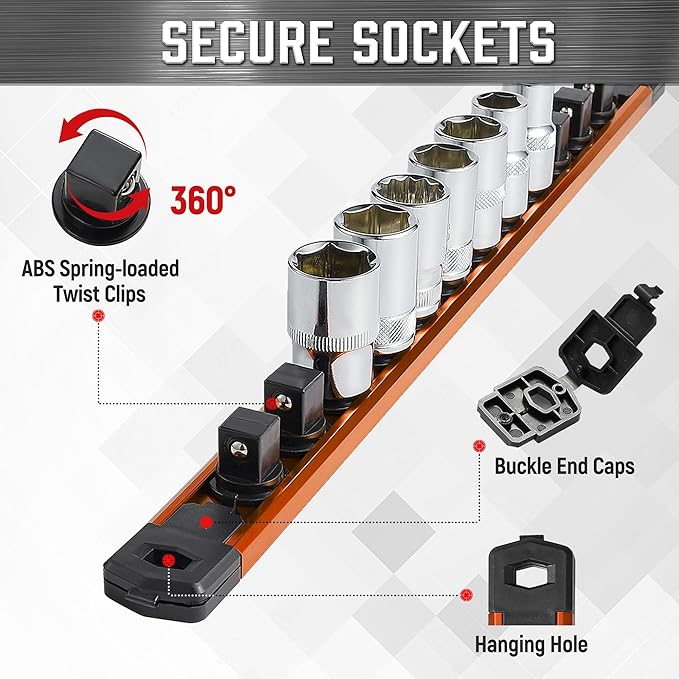 ALOANES 3-Piece Magnetic Socket Organizer, Heavy Duty Aluminum Socket Rails Organizer, 360째 Swivel Clips Socket Rail Set For Sockets Storage, 1/2-Inch Socket Holder x 36 Clips (Orange)