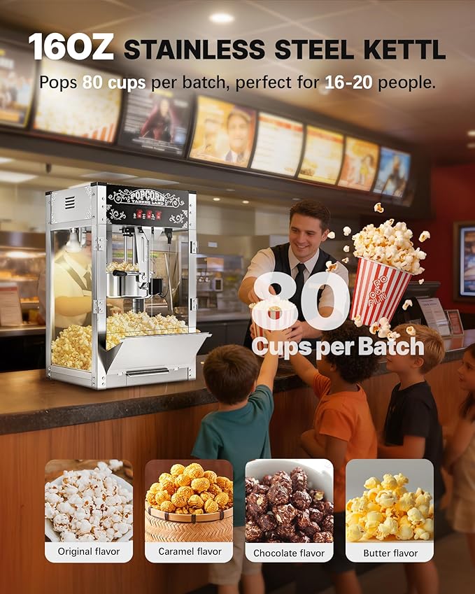 16 Oz Commercial Popcorn Machine, 1440 W, Movie Theater Popcorn Machine, Black Tabletop Pop Corn Machine with 3-Switch Control & Steel Frame Tempered Glass Doors