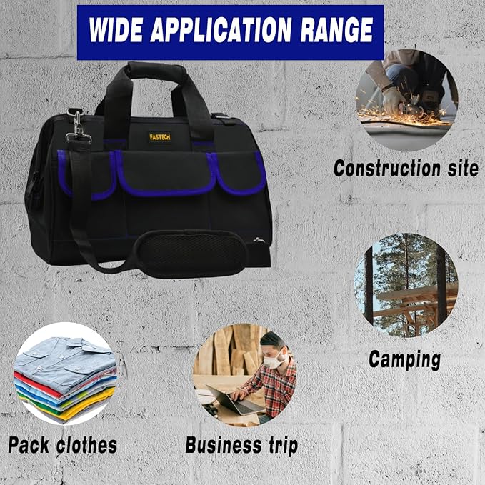 FASTECH 22 Inch Tools Bag, Waterproof Wide Mouth Tool Kit, Tools Big Bag, Heavy Duty Tool Tote Organizer With Adjustable Shoulder Strap For Men/Women (22IN Blue)