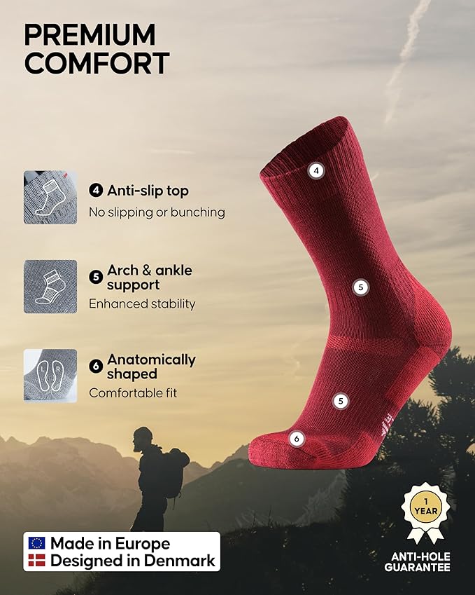 DANISH ENDURANCE Merino Wool Hiking Crew Socks for Men & Women, Cushioned Anti-Blister, Breathable - 3 Pairs