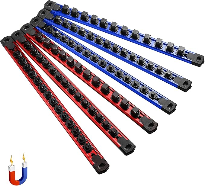 ALOANES 6-Piece Magnetic Socket Organizer, Heavy Duty Aluminum Socket Rails Organizer, 360째 Swivel Clips Socket Holder Kit for Tool Box, 1/2, 3/8, 1/4-Inch Socket Holder x 80 Clips (Red&Blue)